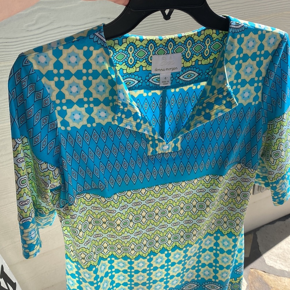 Donna Morgan Blue Green Yellow Retro Stretch Geometric Shift Dress - Sz 4